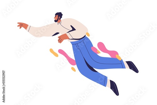 Man flying, floating in air. Creative energy, imagination, aspiration, inspiration concept. Inspired happy office worker in free flight. Flat graphic vector illustration isolated on white background