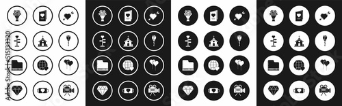 Set Amour symbol with heart and arrow, Church building, Signpost, Bouquet of flowers, Flower rose, Valentines day party flyer, Balloons form ribbon and Grand piano icon. Vector