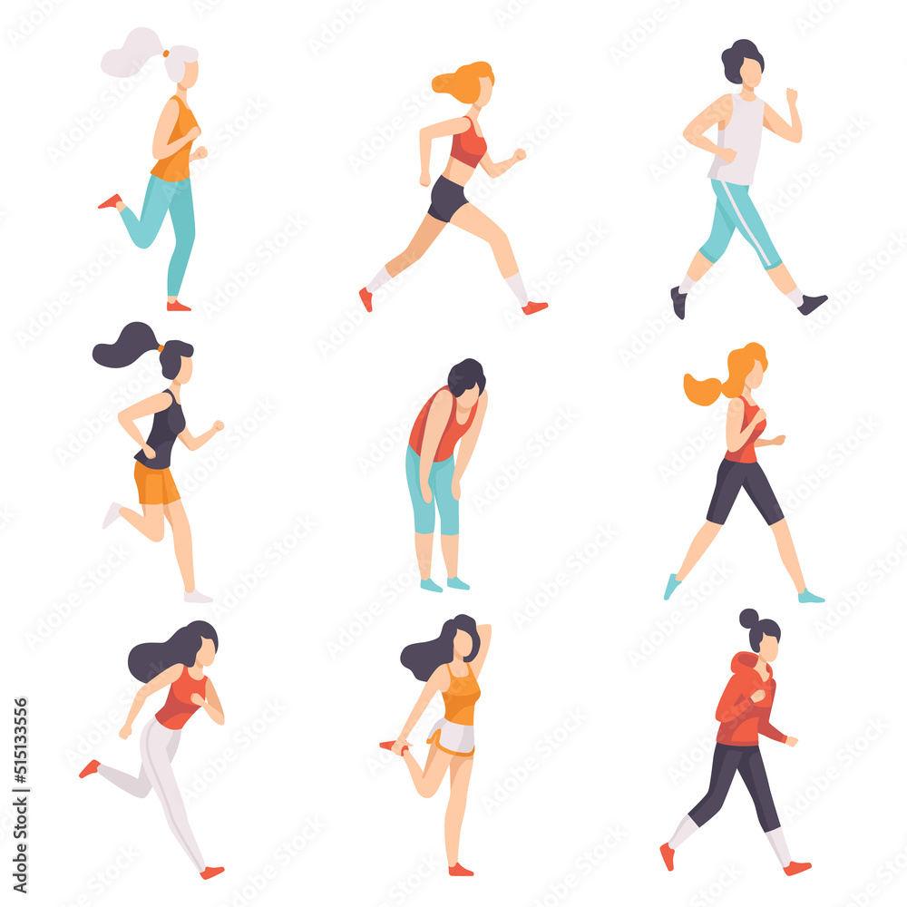 Fototapeta premium Woman Runner in Sportive Clothes Running and Jogging Engaged in Sport Activity Vector Set