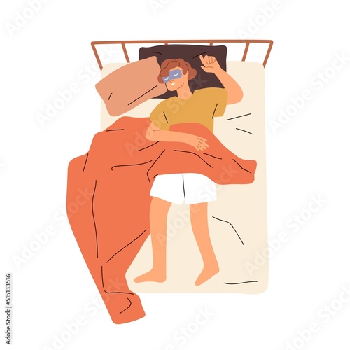 Child teenager asleep in sleeping mask in bed. Kid lying on back, napping. Sleepy teen dreaming, relaxing under blanket, top view. Flat graphic vector illustration isolated on white background