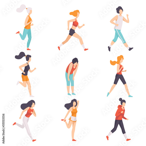 Woman Runner in Sportive Clothes Running and Jogging Engaged in Sport Activity Vector Set