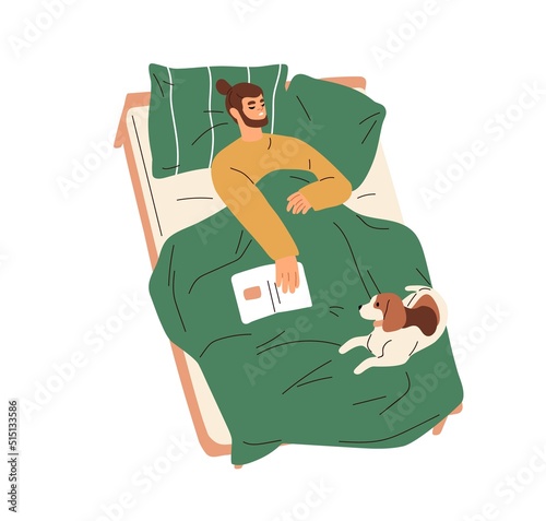 Man fallen asleep in bed after reading book. Sleeping person lying with dog on blanket. Guy dreaming with cute doggy. Pet owner and home animal. Flat vector illustration isolated on white background