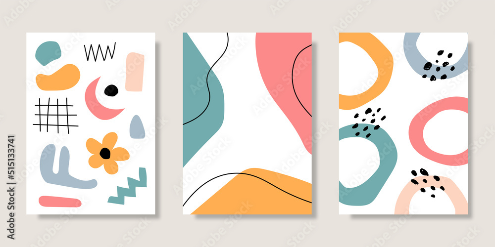 Abstract art collection with hand drawn organic shapes and pastel color. Vector illustration