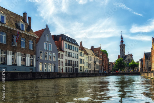 Van Eyck Square from the boat in the canal, Bruges Belgium.