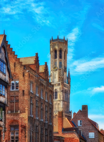 Bruges, Belgium. Historical houses and Belfry tower. photo