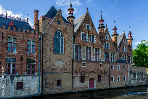 Beautiful historic buildings next to the Groenerei canal  Brugge  Belgium