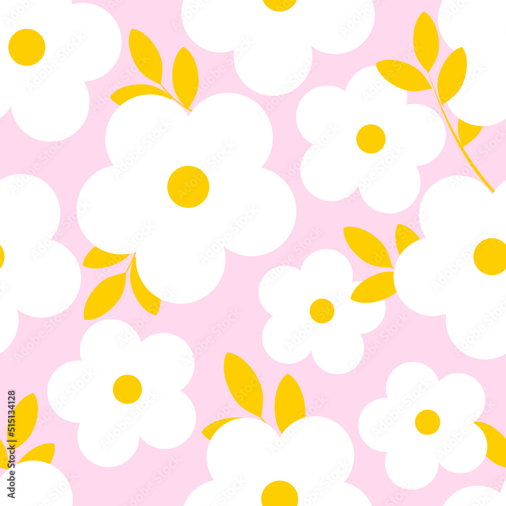 White small flowers with yellow leaves on a delicate pink background. Seamless summer pattern for printing on modern fabrics. Vector.