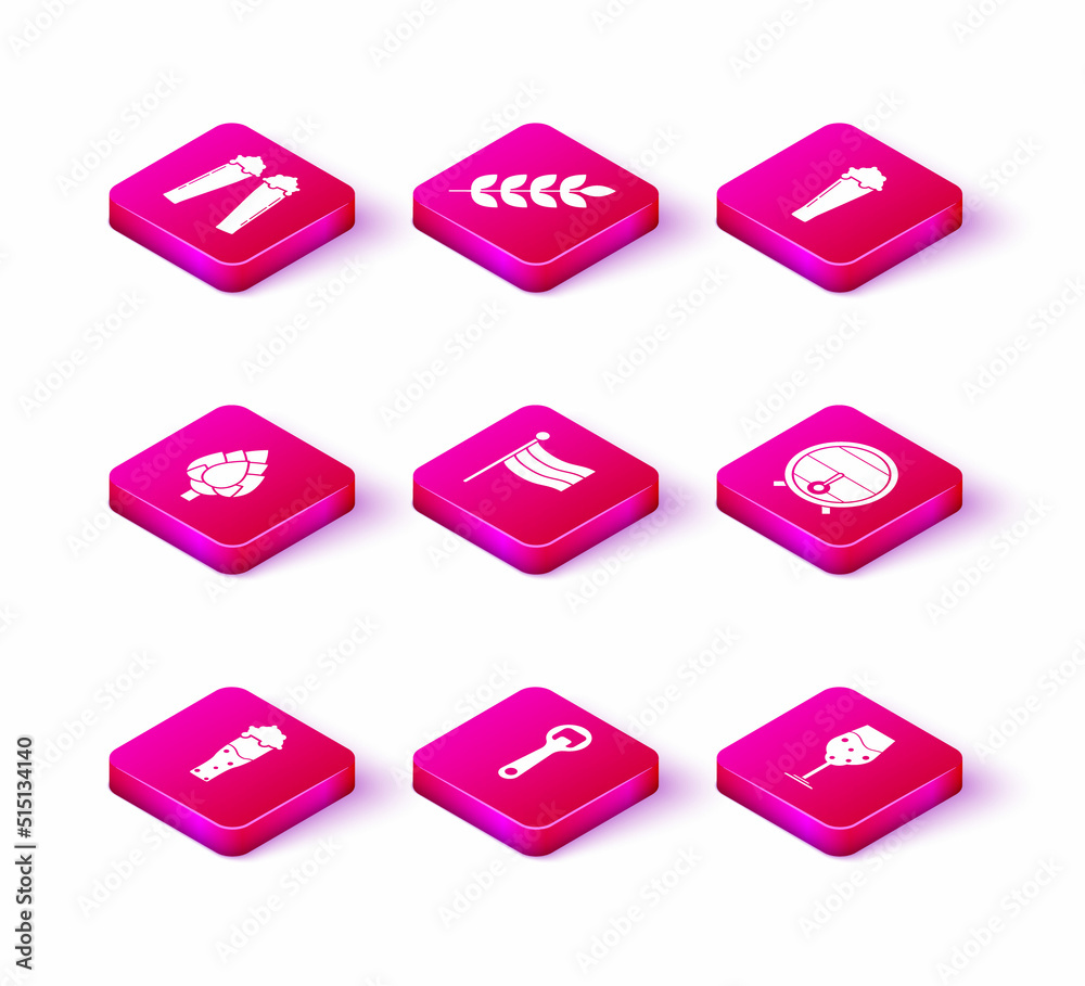 Fototapeta premium Set Glass of beer, Bottle opener, Hop, National Germany flag, Wooden barrel rack with stopcock, and Cereals set rice, wheat, corn, oats, rye, barley icon. Vector