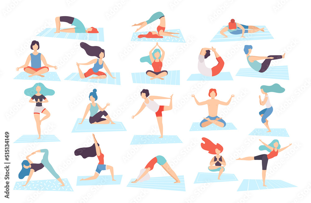 People Characters Doing Yoga Practicing Different Asana on Mat Big Vector Set People Characters Doing Yoga Practicing Different Asana on Mat Big Vector Set