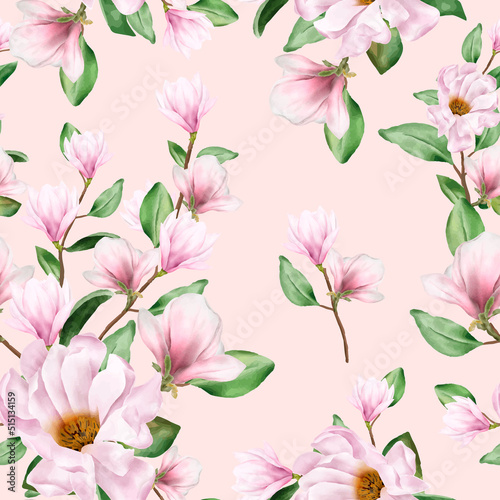 Magnolia Watercolor Flower Seamless Pattern