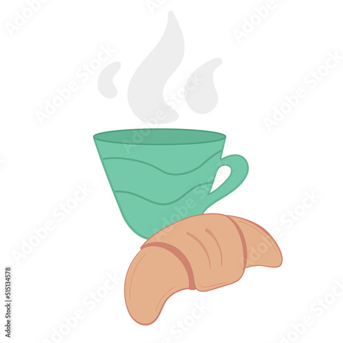 Vector illustration cup of coffee with croissant on white isolated background