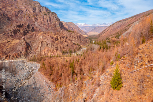 Aerial top view Beautiful landscape with river and autumn forest with snow peaks mountains Chuysky tract, Altai Kurai steppe Russia