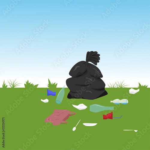 Garbage bag, plastic waste on the grass floor, glass, plastic bottles, disposable tableware. Vector illustration