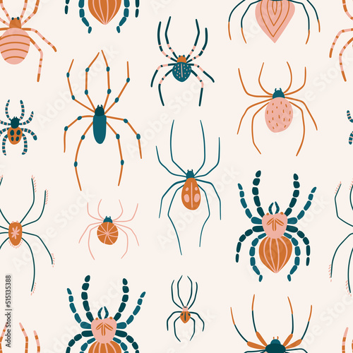 Hand-drawn seamless pattern with spiders. Stylish trendy repeat design for fabric or wrapping paper. Cute insects.