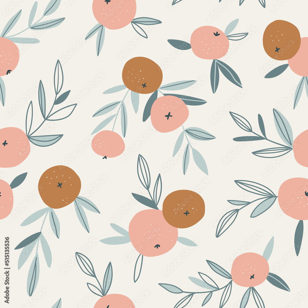 Fruit seamless pattern in neutral pastel colors. Vector hand-drawn orange repeat background. Tropical garden print design.