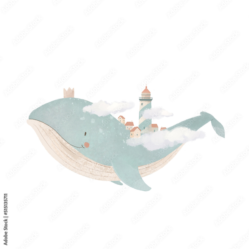 Fototapeta premium Beautiful baby clip art composition with cute watercolor flying whale and lighthouse. Children stock illustration.