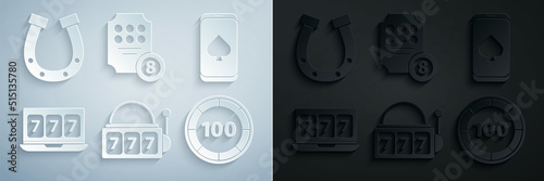 Set Slot machine with lucky sevens jackpot, Online poker table game, slot, Casino chips, and Horseshoe icon. Vector