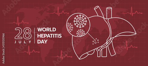 world hepatitis day - hands white line liver with withcell inflammation zoom in circle on red brown map world texture background vector design