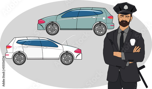 Policeman writes a ticket. Police officer in uniform writing a violation fine to automobile driver on city road or parking lot. Traffic safety control car inspection, flat vector cartoon concept. photo