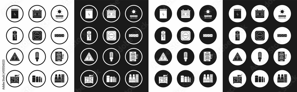 Set Solar energy panel and sun, Electrical outlet, Battery, Power bank, extension cord, Car battery, and High voltage sign icon. Vector