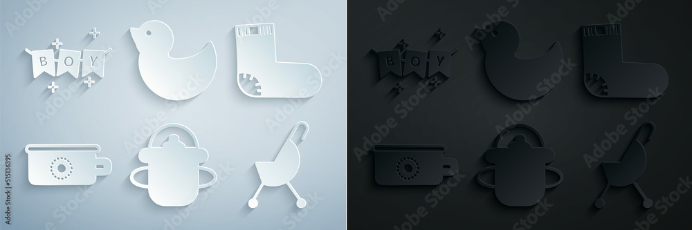 Set Baby bottle, socks clothes, potty, stroller, Rubber duck and Carnival garland with flags icon. Vector Set Baby bottle, socks clothes, potty, stroller, Rubber duck and Carnival garland with flags icon. Vector