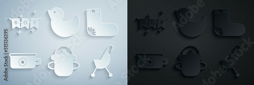 Set Baby bottle, socks clothes, potty, stroller, Rubber duck and Carnival garland with flags icon. Vector