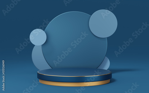 Empty blue cylinder podium with gold border and circle on copy space background. Abstract pastel minimal studio 3d geometric shape. Mockup space for display of product design. 3d rendering.