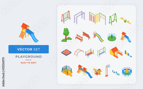 Playground elements set vector isometric with different types of children's play area models. Color Editable Eps 10.