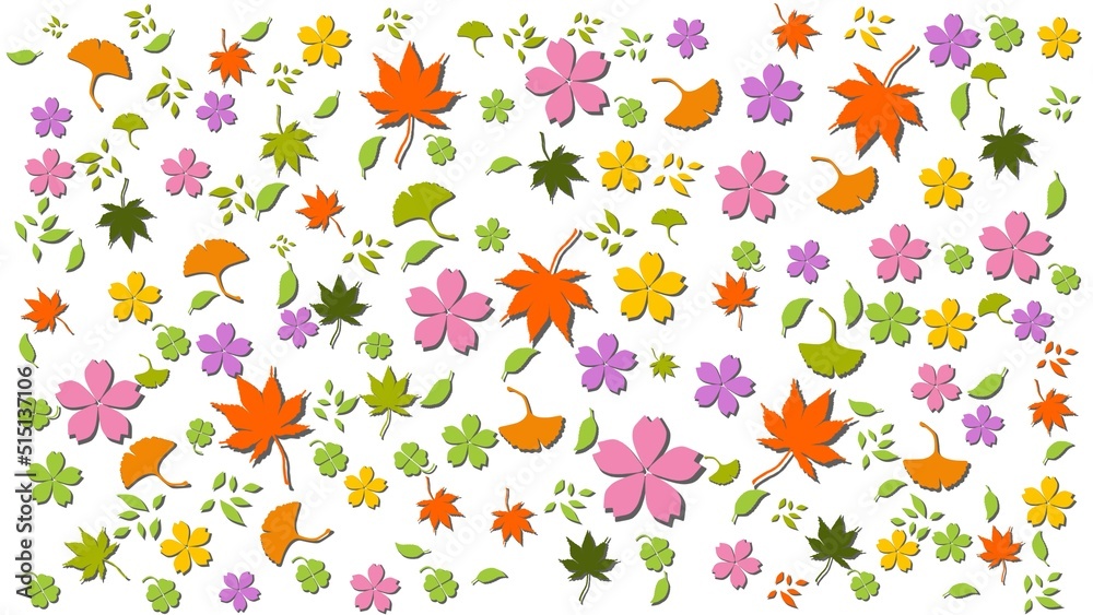 seamless aesthetic pattern with colorful flowers and leaves illustration on white background	