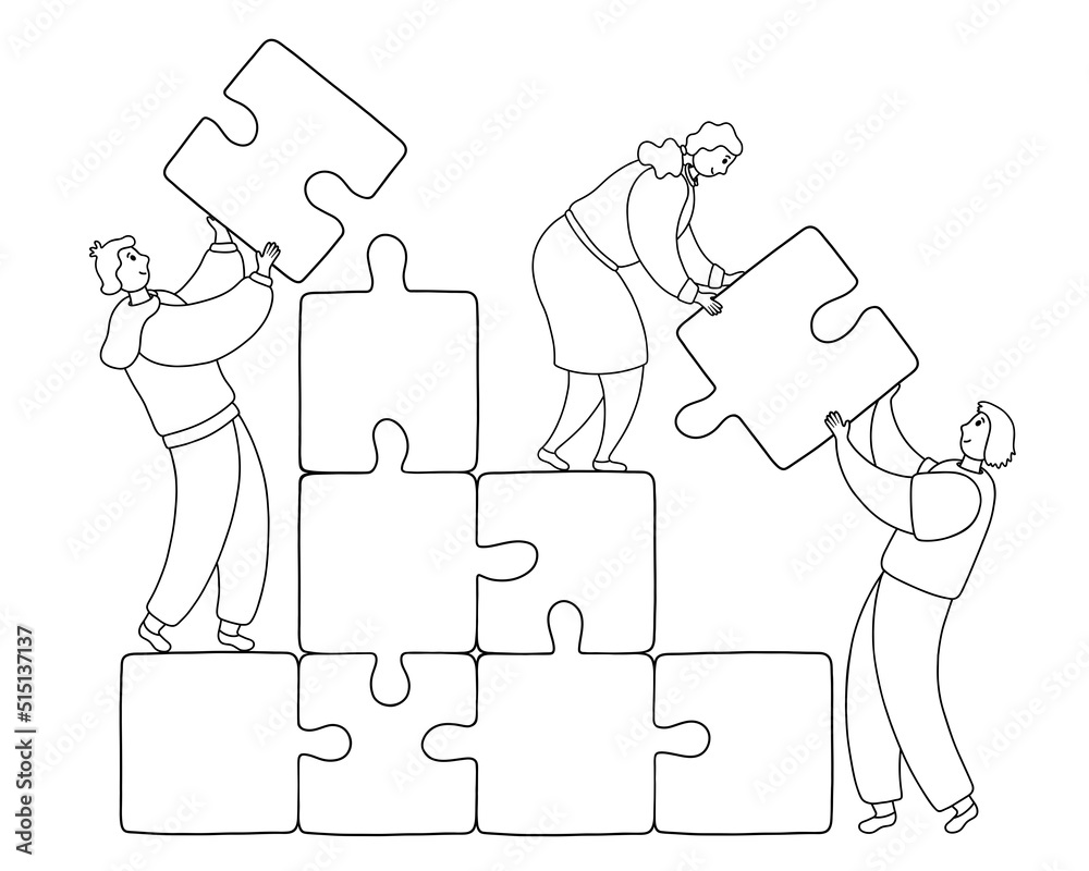 People connecting puzzle pieces. Teamwork, business and collaboration concept. Vector outline illustration People connecting puzzle pieces. Teamwork, business and collaboration concept. Vector outline illustration