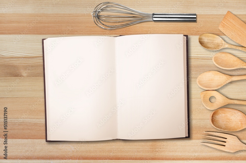 Open blank cookbook. Antique recipe book on the table. Open blank cookbook. Antique recipe book on the table.