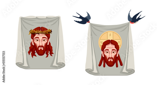 Veil of Veronica. Holy face Jesus Christ on a towel. Vector illustration isolated on a white background in a cartoon design.