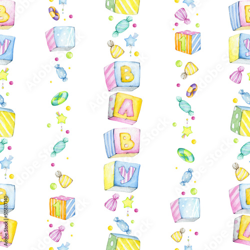 Letters, candy cubes, watercolor seamless pattern, cartoon style, on an isolated background.