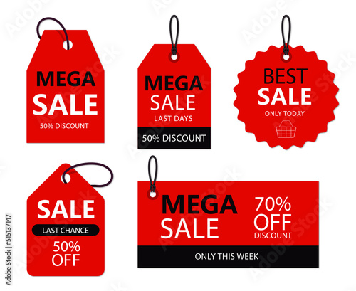 Price tags vector collection. Ribbon sale banners isolated. New collection offers. Discount and new collection tag on ribbon realistic and banner vector with 70% off.