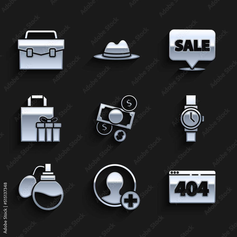 Set Money cash and coin, Create account screen, Page with 404 error, Wrist watch, Perfume, Gift box, Hanging sign Sale and Briefcase icon. Vector Set Money cash and coin, Create account screen, Page with 404 error, Wrist watch, Perfume, Gift box, Hanging sign Sale and Briefcase icon. Vector