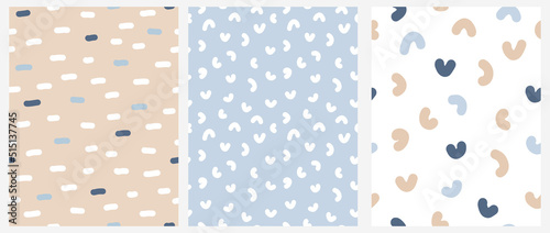 Abstract Hand Drawn Childish Vector Pattern Set. Freehand Spots, Arcs and Lines on a Beige, White and Pastel Blue Backgrounds. Modern Geometric Seamless Pattern. Irregular Cool Modern Print.