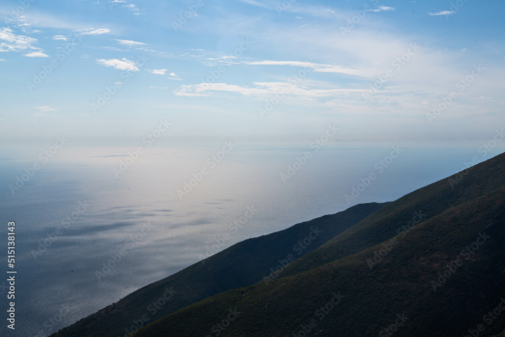 Ionian Mediterranean seascape of Southern Albania view from top of Llogora mountain national park. Albania. Wallpaper. Background