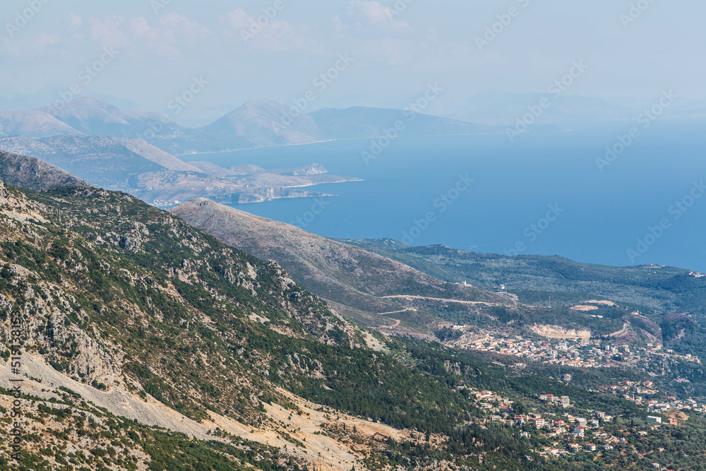 Aerial view over Ionian Mediterranean sea coast landscape of Southern Albania view from top of Llogora mountain national park. Albania