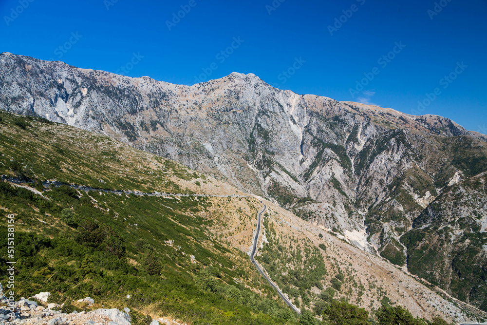 The view of rocky mountains in Llogora national park in the south of Albania. National road aerial view. Albania