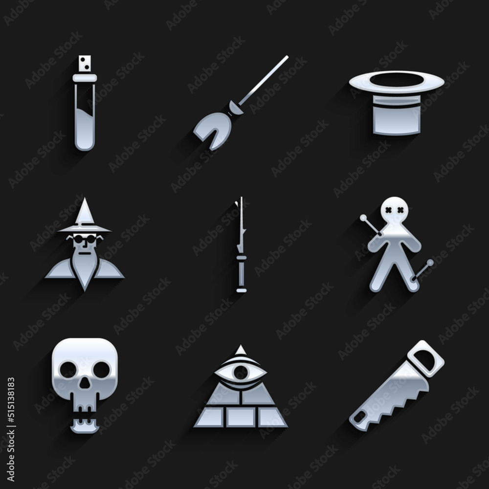 Obraz premium Set Magic wand, Masons, Hand saw, Voodoo doll, Skull, Wizard warlock, Magician hat and Bottle with love potion icon. Vector
