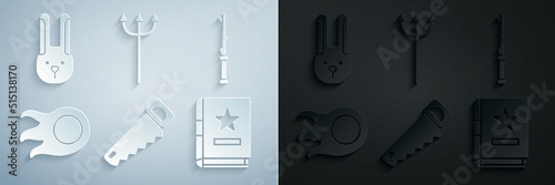 Set Hand saw, Magic wand, Fireball, Ancient magic book, Neptune Trident and Rabbit with ears icon. Vector