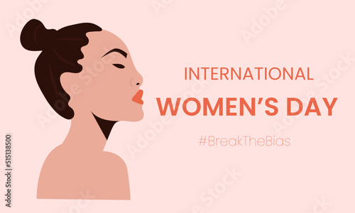 Horizontal poster with azian woman  International women’s day. 8th march. Break The Bias campaign. Illustration for banner, social networks.