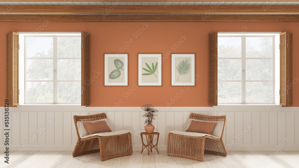 Fototapeta premium Living room background, sitting waiting room in white and orange tones. Windows with wooden shutters and beam ceiling, rattan armchairs with table. Parquet, interior design
