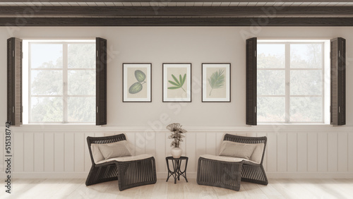 Living room background, sitting waiting room in white and dark tones. Windows with wooden shutters and beam ceiling, rattan armchairs with table. Parquet, interior design