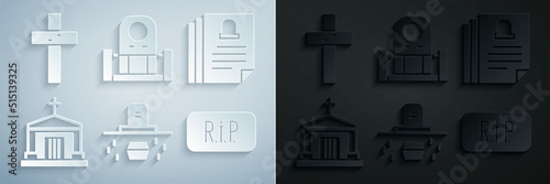 Set Grave with coffin, Death certificate, Old crypt, Speech bubble rip death, tombstone and Christian cross icon. Vector