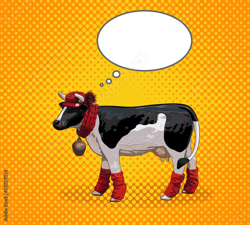 Pop art retro comic style. Vector illustration of a funny black and white spotted cow in a red hat, scarf and leggings with a bell.Yellow background.Empty dialog box for text.?opy space, mockup.EPS 10