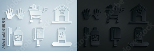 Set Hair brush for dog and cat, Dog house paw print, Dental hygiene pets, Cat scratching post, Pet stroller and Medical rubber gloves icon. Vector