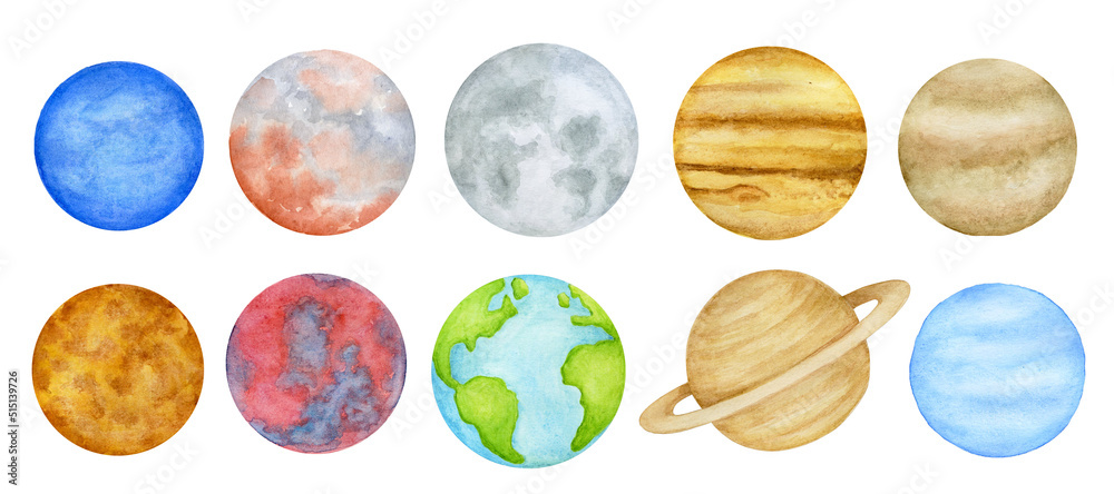 Watercolor planets of the solar system. Outer Space planet Mercury Venus Earth Mars Jupiter Saturn Uranus Neptune Pluto with Sun hand on white background.
