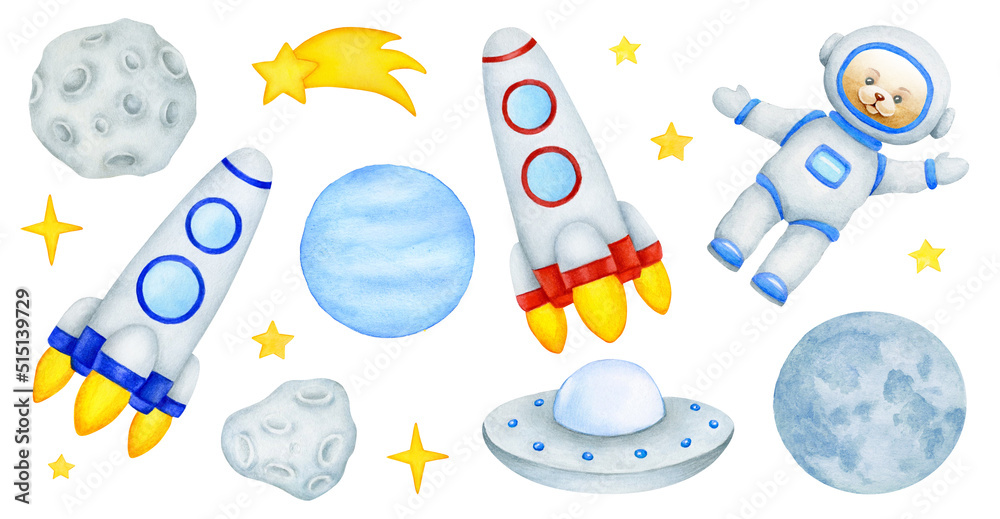 Watercolor space clip art. Astronaut in space. Spaceship, roket and stars  Stock Illustration | Adobe Stock