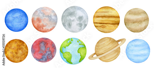 Watercolor planets of the solar system. Outer Space planet Mercury Venus Earth Mars Jupiter Saturn Uranus Neptune Pluto with Sun hand on white background.